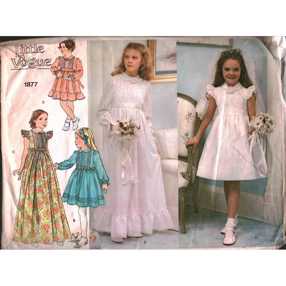 Vintage Little Vogue 1877 Girls Dress and Veil Sewing Pattern Size 8 Flower Girl